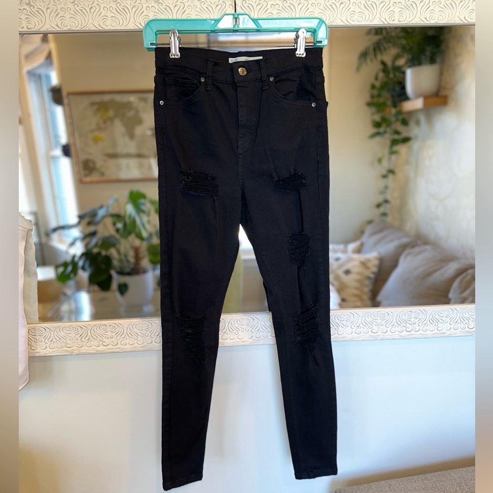 Nordstrom Top Shop: Moto Jamie High Rise Black Distressed Skinny Jeans - 28